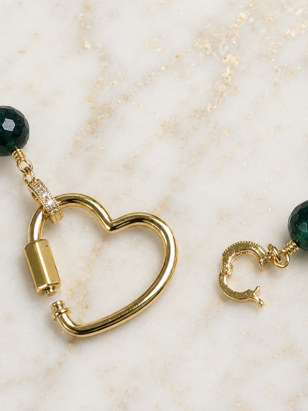 Emerald Green Jade Heart Carabiner Necklace 24K Gold Plated 17"+2" Charm Ready - Picture 3 of 7
